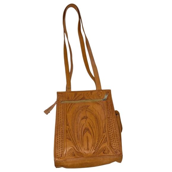 Vintage Hand-Tooled Leather Shoulder Messenger Bag | Butterscotch Brown 1970s - Picture 2 of 14